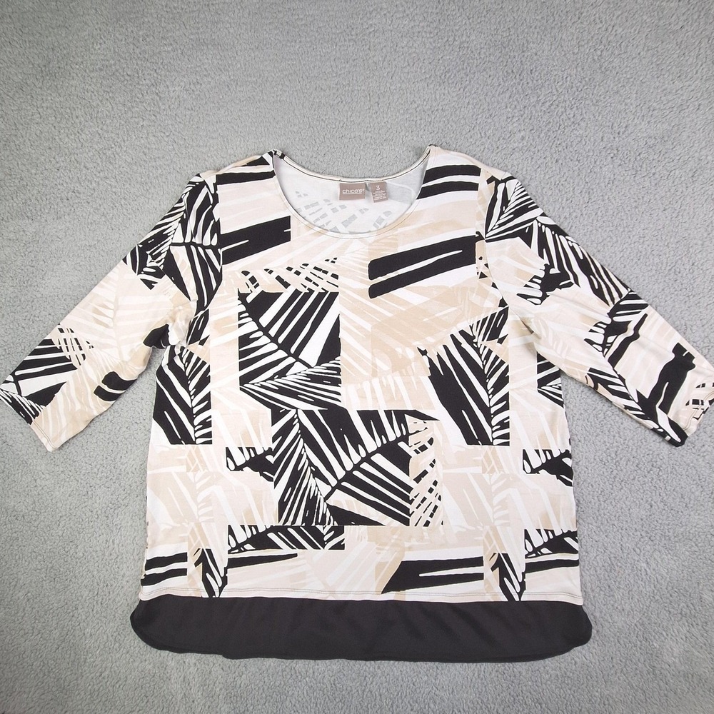 Chicos Blouse Womens XL Black Tan Palm‎ Botanical Print 3/4 Sleeve Tunic Top